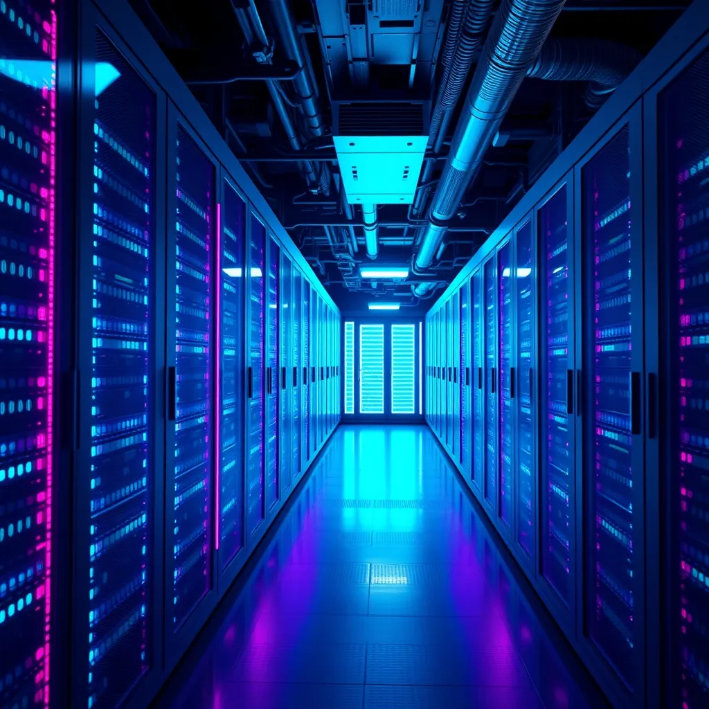 A high-tech server room with glowing cyan and violet lights,