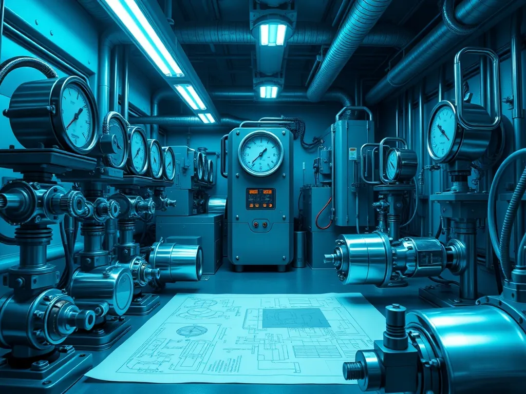 A high-tech mechanical laboratory with pressure gauges, blue