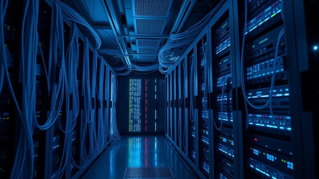 High-tech server room with glowing cyan fiber optic cables,