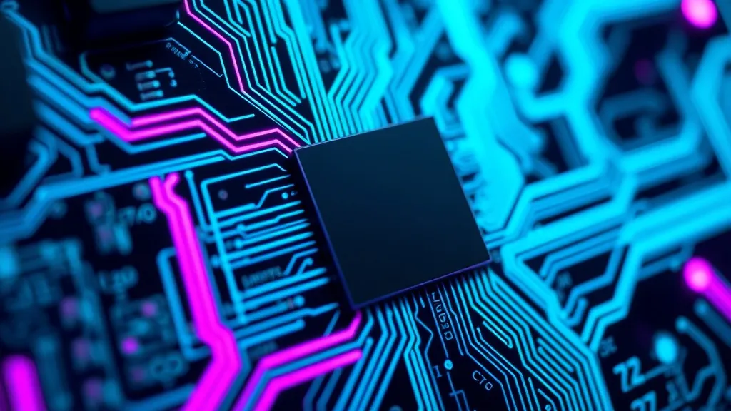 Close-up of a high-tech circuit board with glowing cyan and