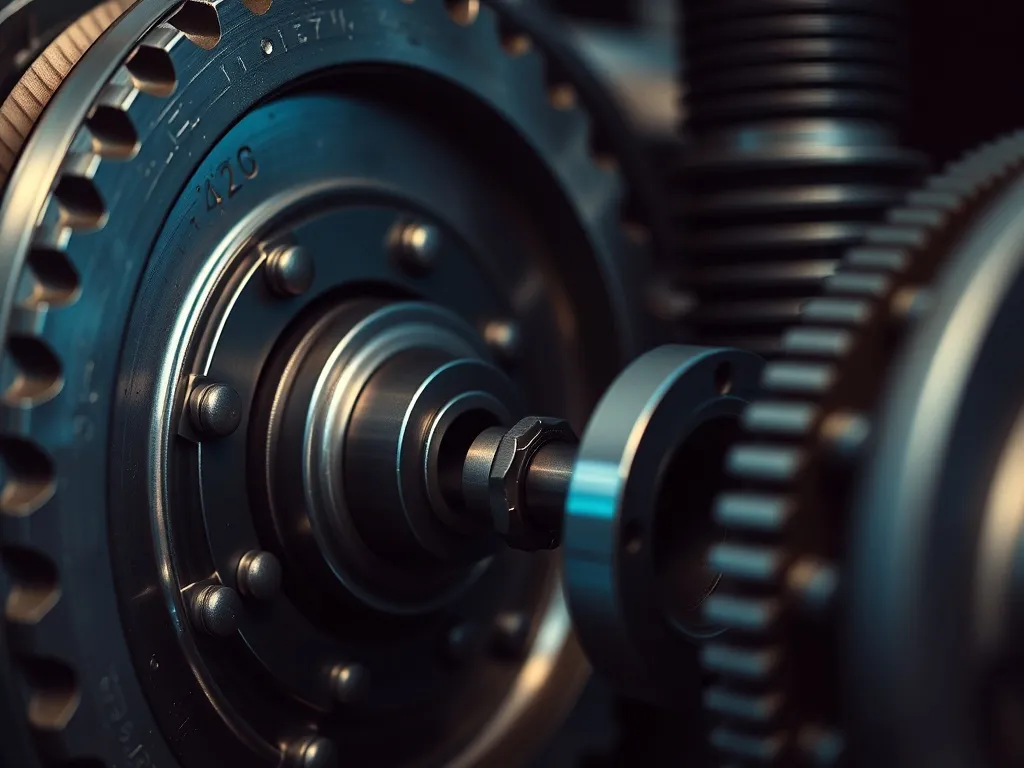 Close-up of industrial steel gears and dark metallic pistons
